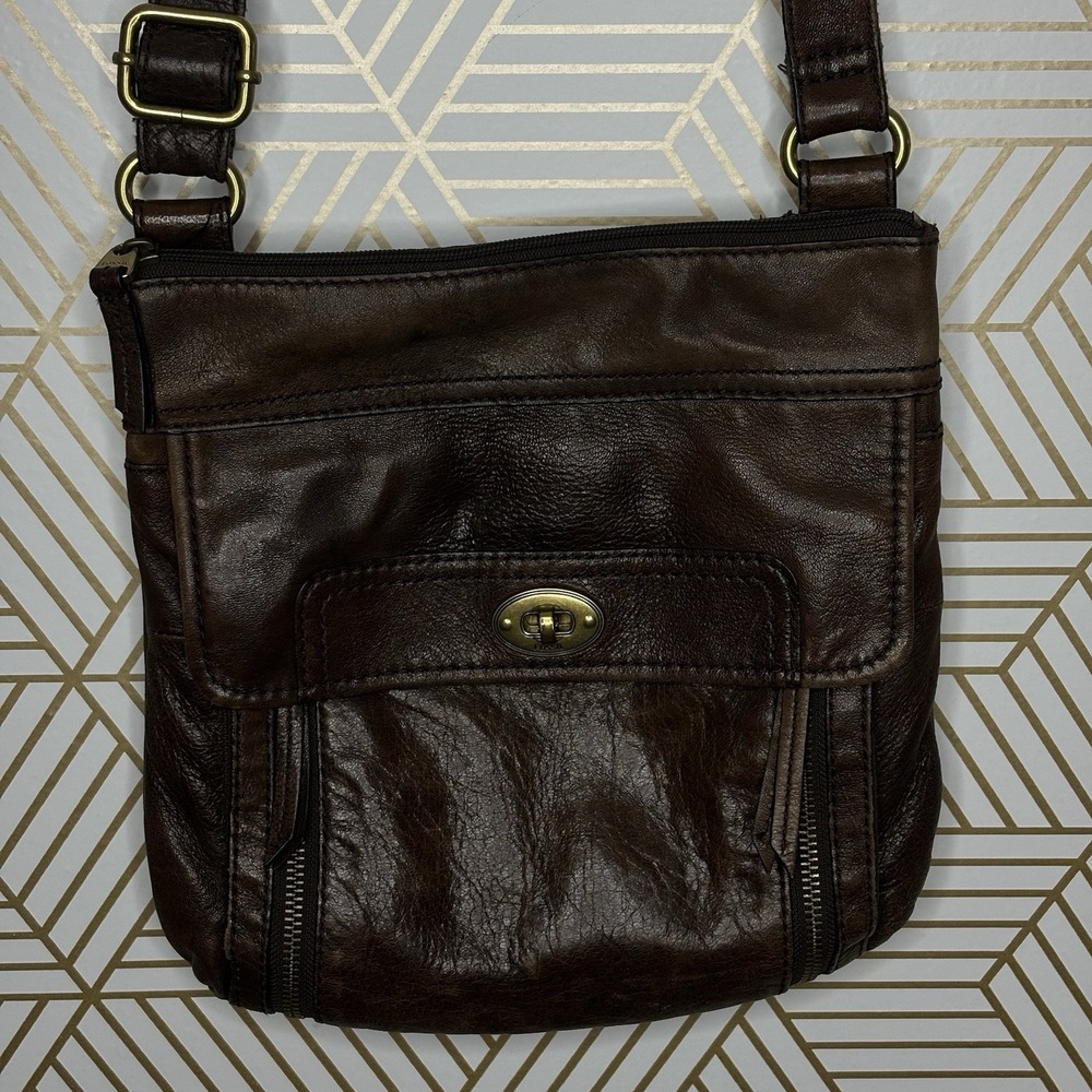 Fossil Stanton Dark Chocolate Brown Distressed Leather Crossbody Bag Hobo Soft
